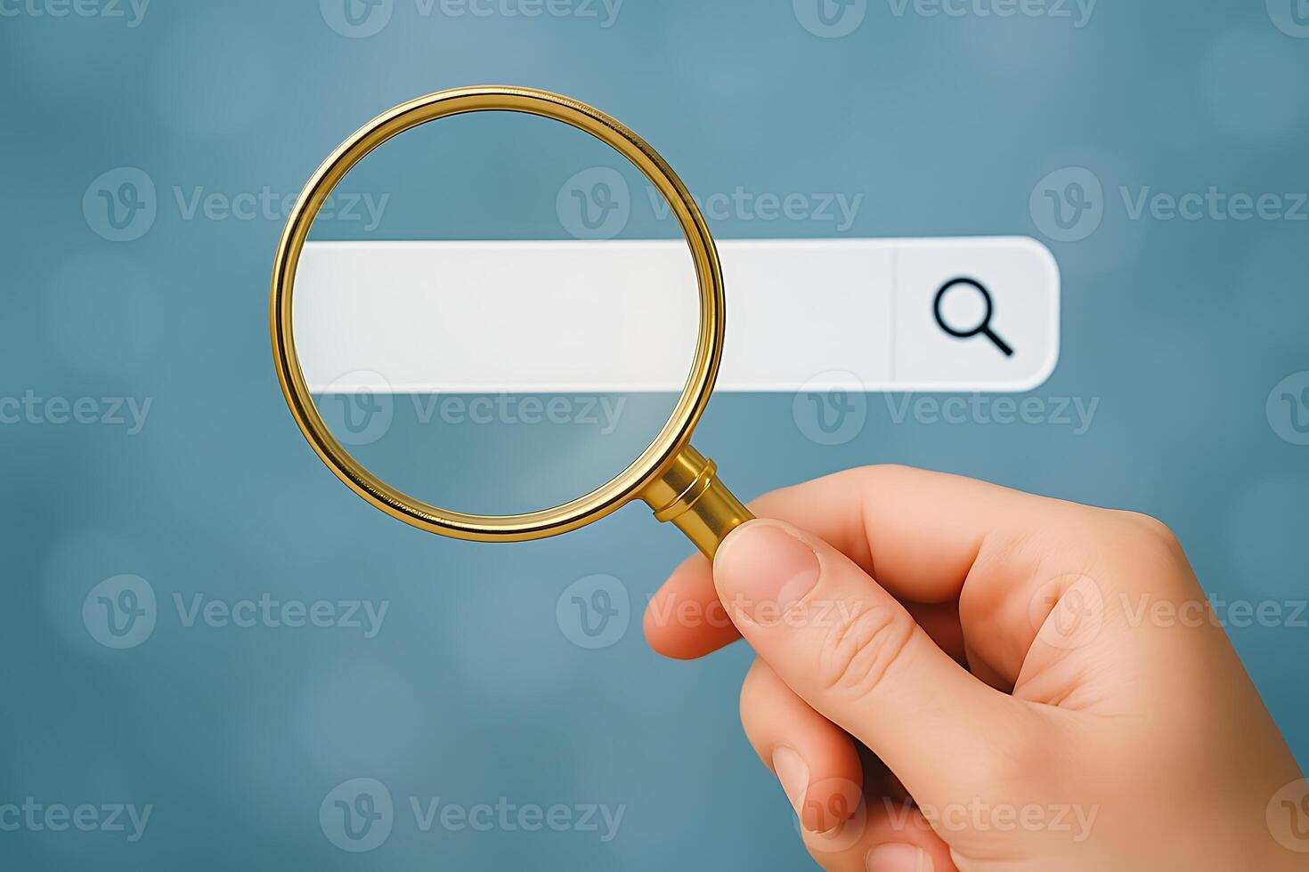Hand holding magnifying glass over search bar image photo