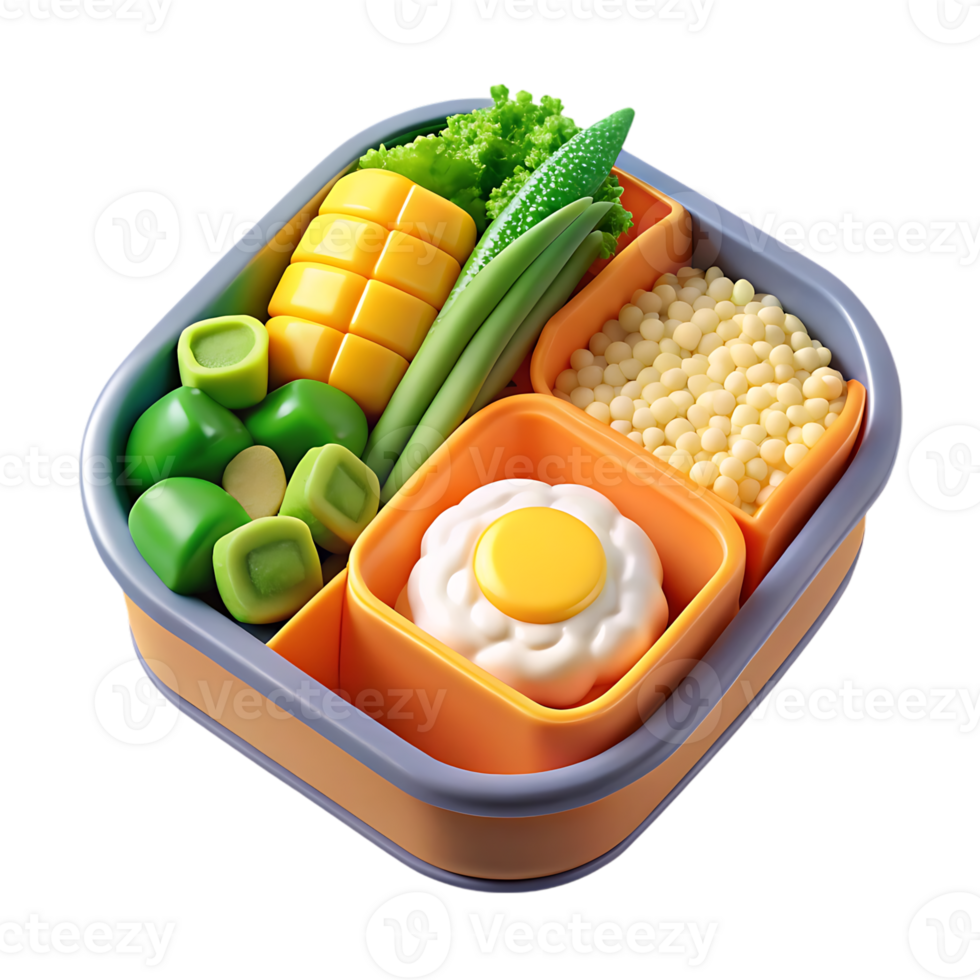 Whimsical bento box filled with colorful and healthy food items png