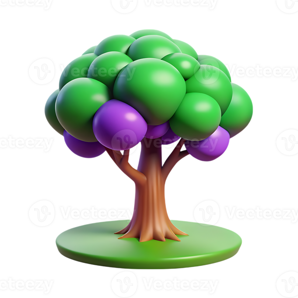 Whimsical cartoon tree with green leaves and purple fruit on a black background png
