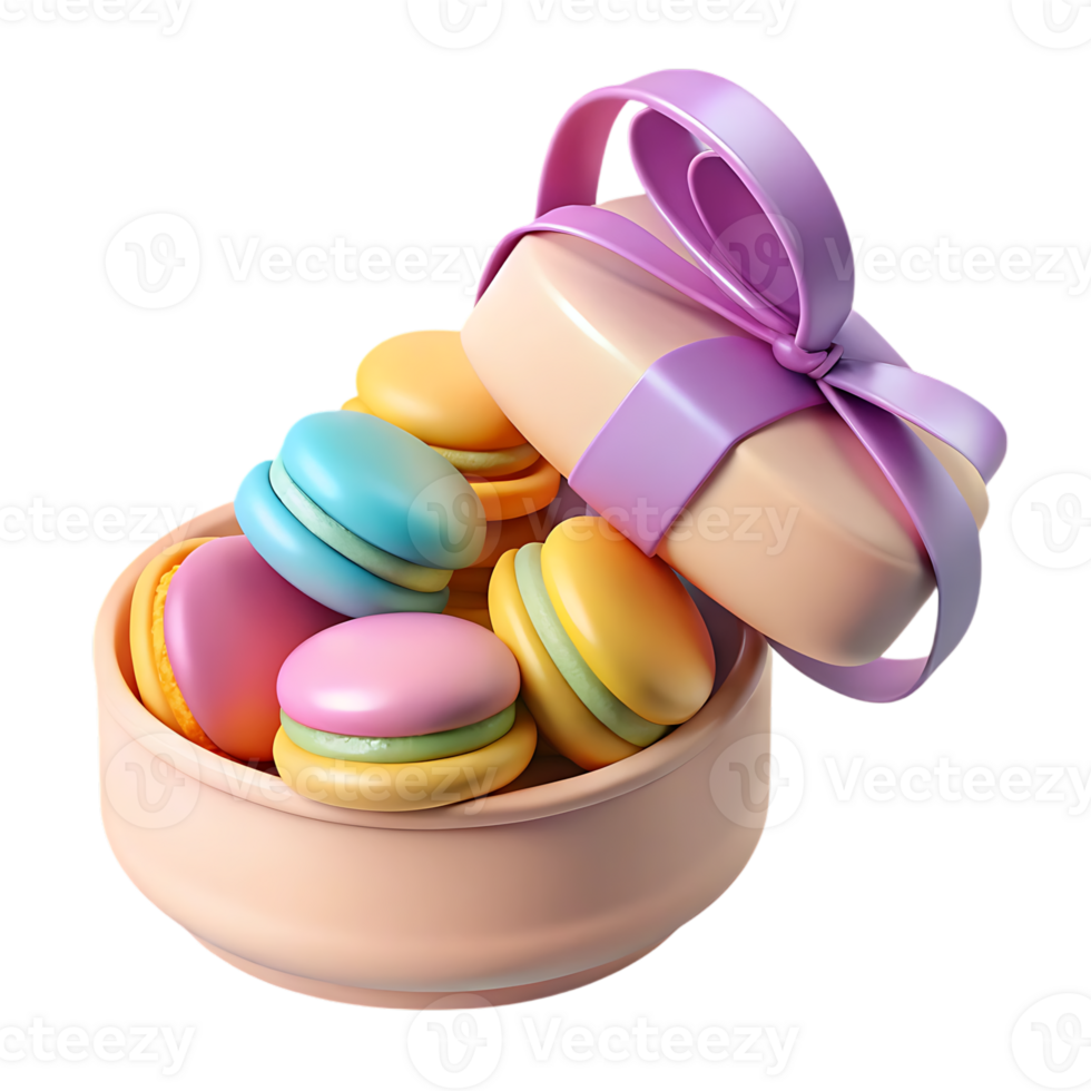 Colorful macarons overflowing from a gift box with a purple ribbon png