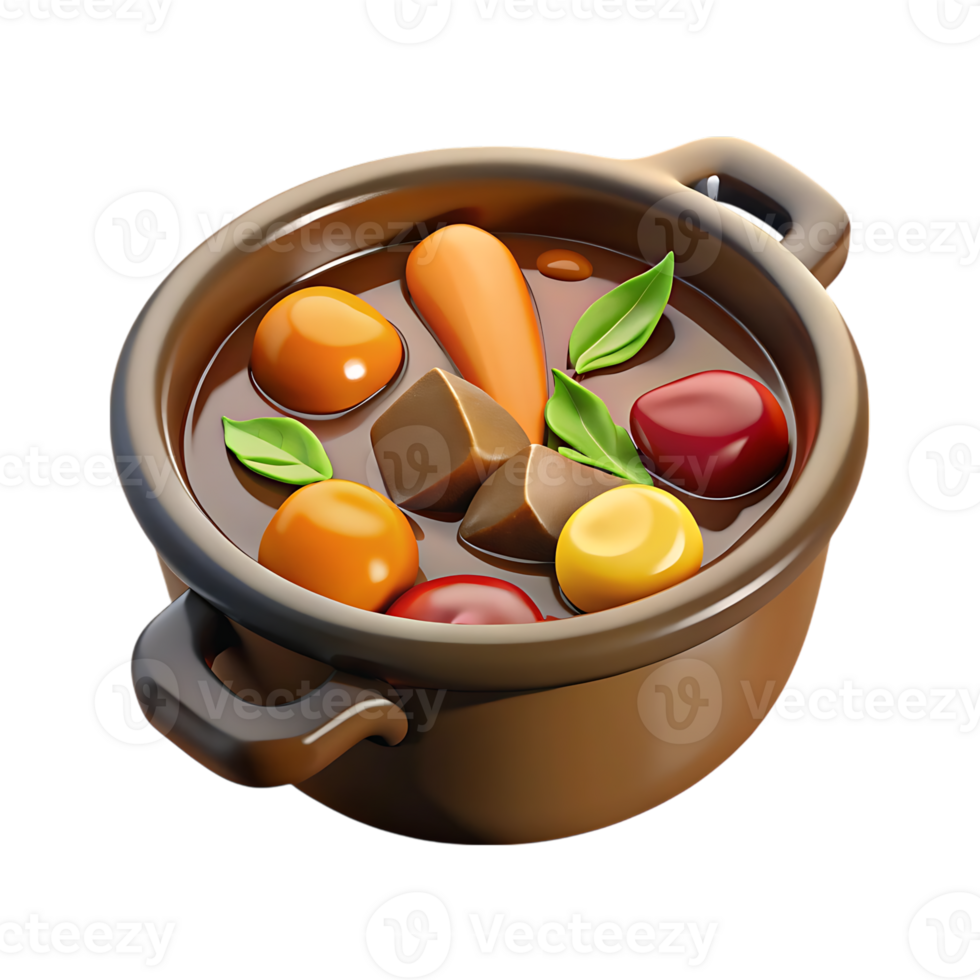 Stylized 3d rendering of hearty beef stew in a brown pot png