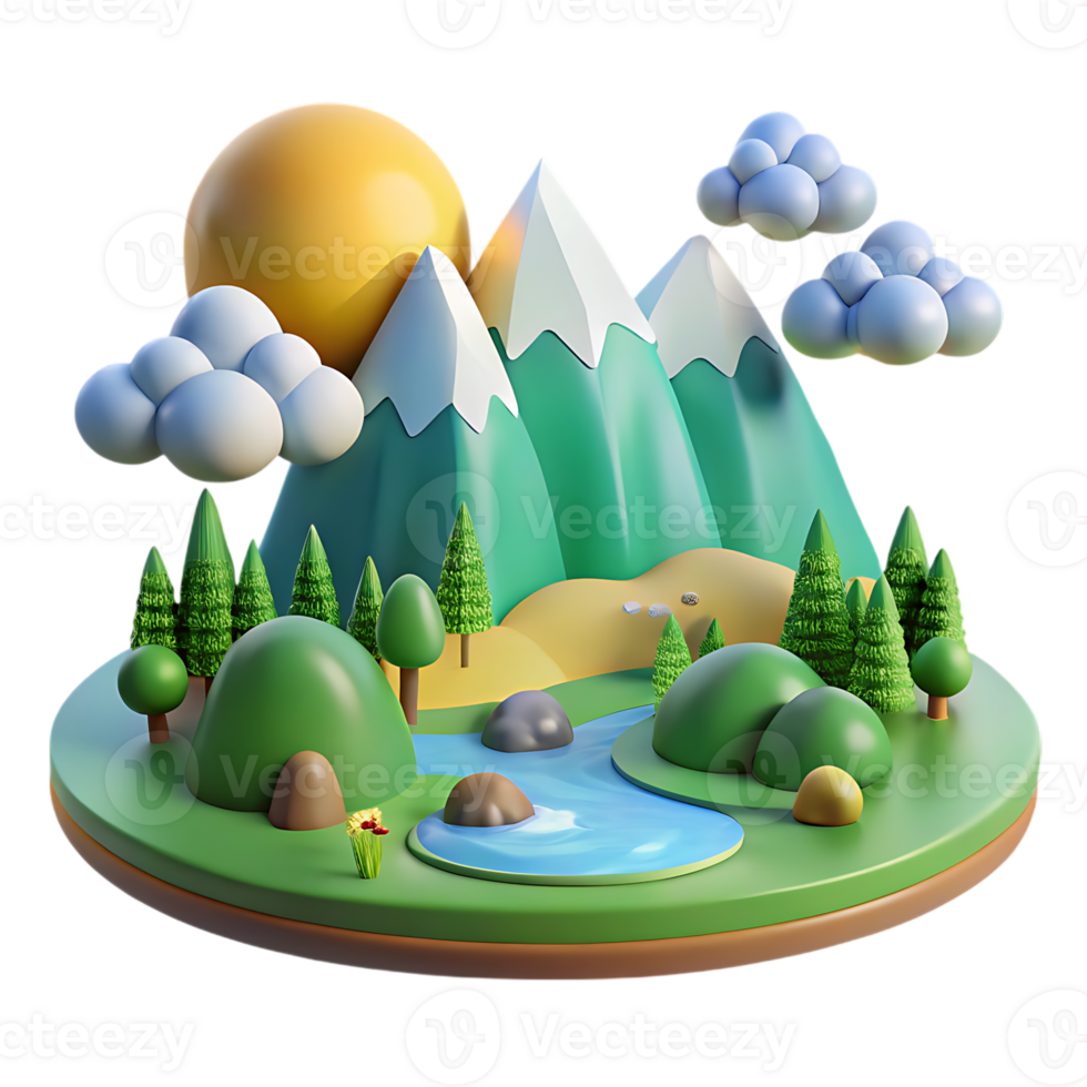 Stylized 3d cartoon landscape with mountains river trees and sun png