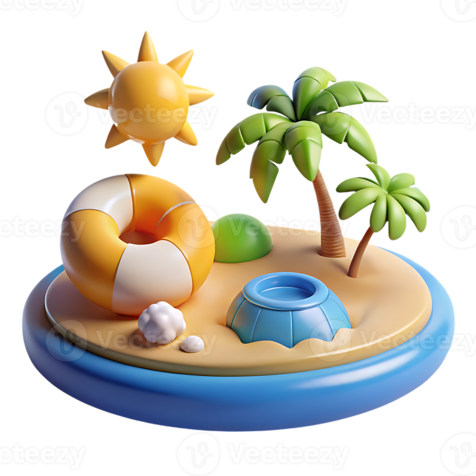 Cartoon island paradise with palm trees sun and inflatable ring png