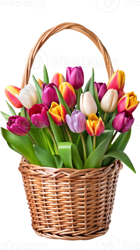 Colorful tulips in a wicker basket with a black background png