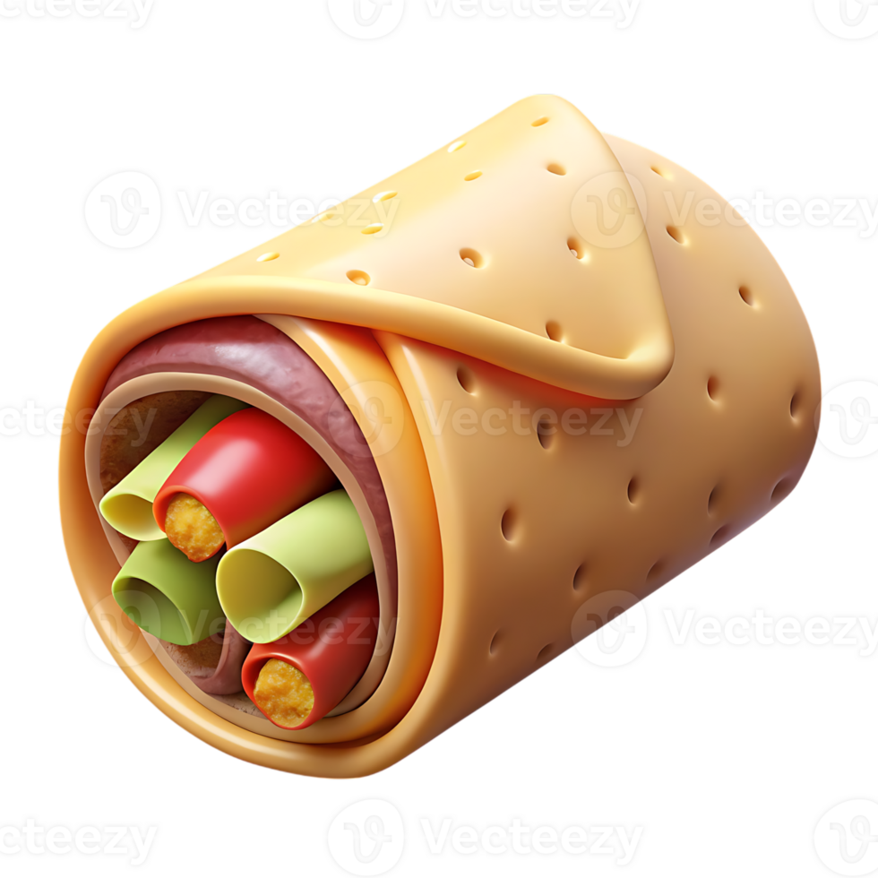 Stylized 3d illustration of a delicious wrap with colorful fillings png