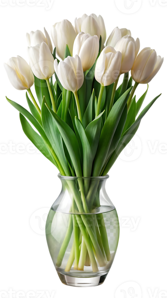 A beautiful bouquet of fresh white tulips in a clear glass vase png