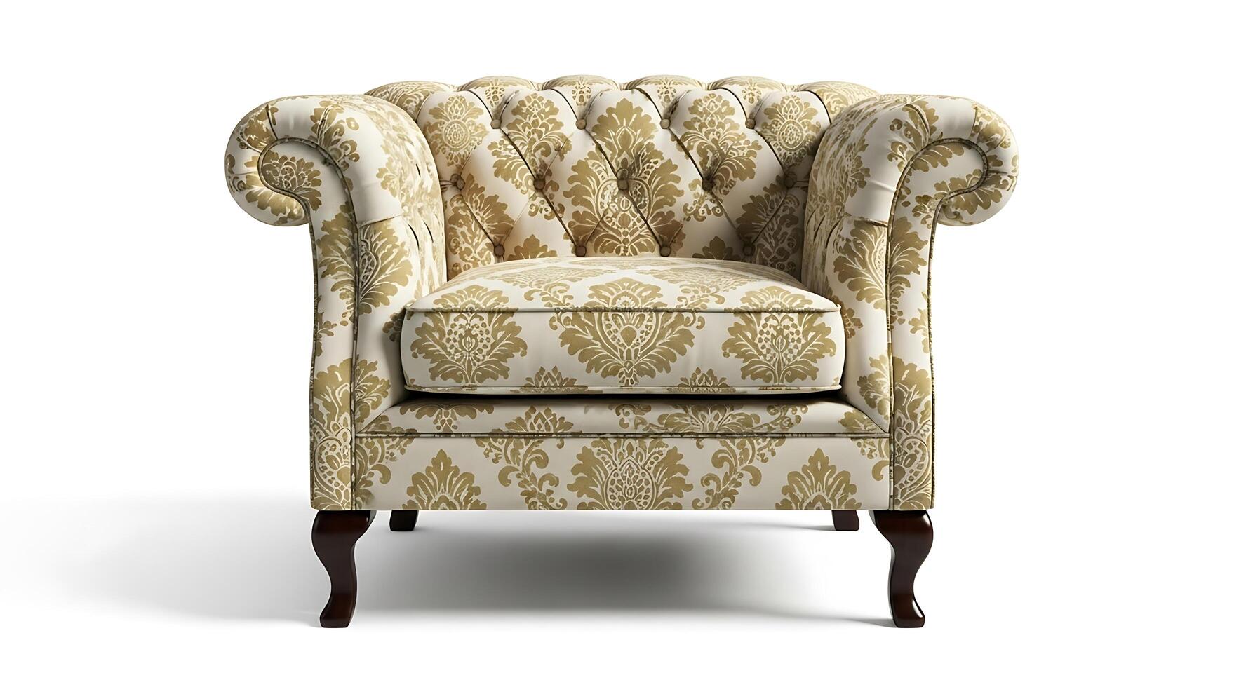 Ornate tufted armchair cream gold damask photo