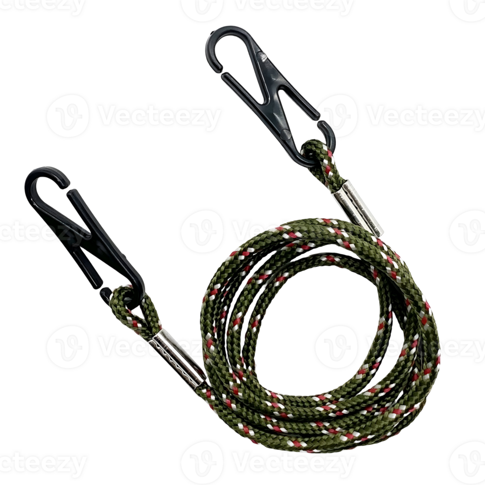 Braided lanyard with metal clips for securing and carrying items and accessories with a decorative multi-colored green, red, and white pattern png