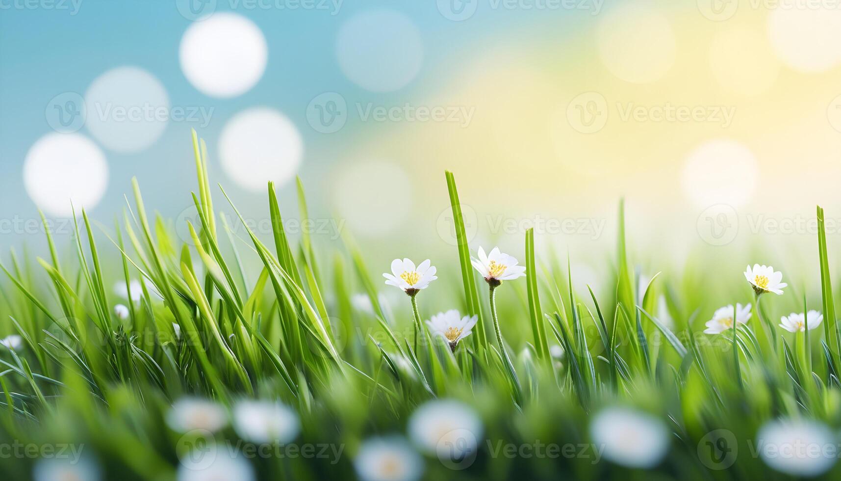 Macro scene of fresh green grass with white flowers and dreamy bokeh in soft sky gradient from blue to pale yellow photo
