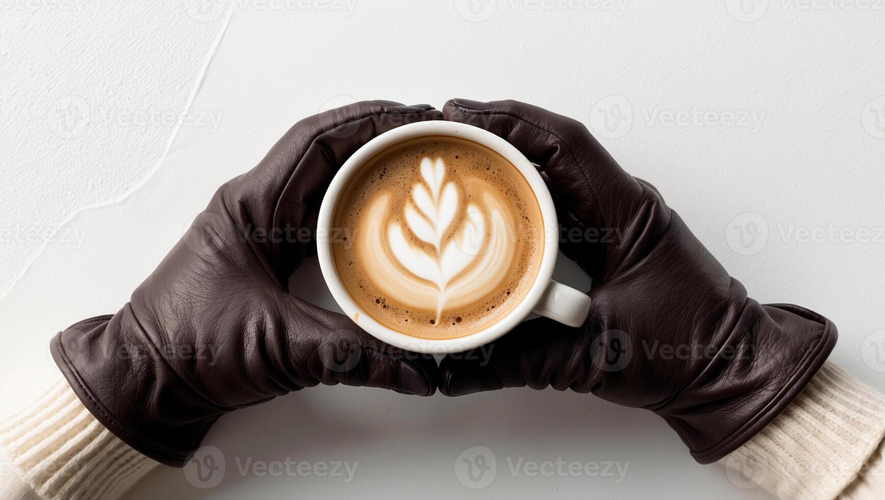 A person wearing gloves holding a cup of coffee photo
