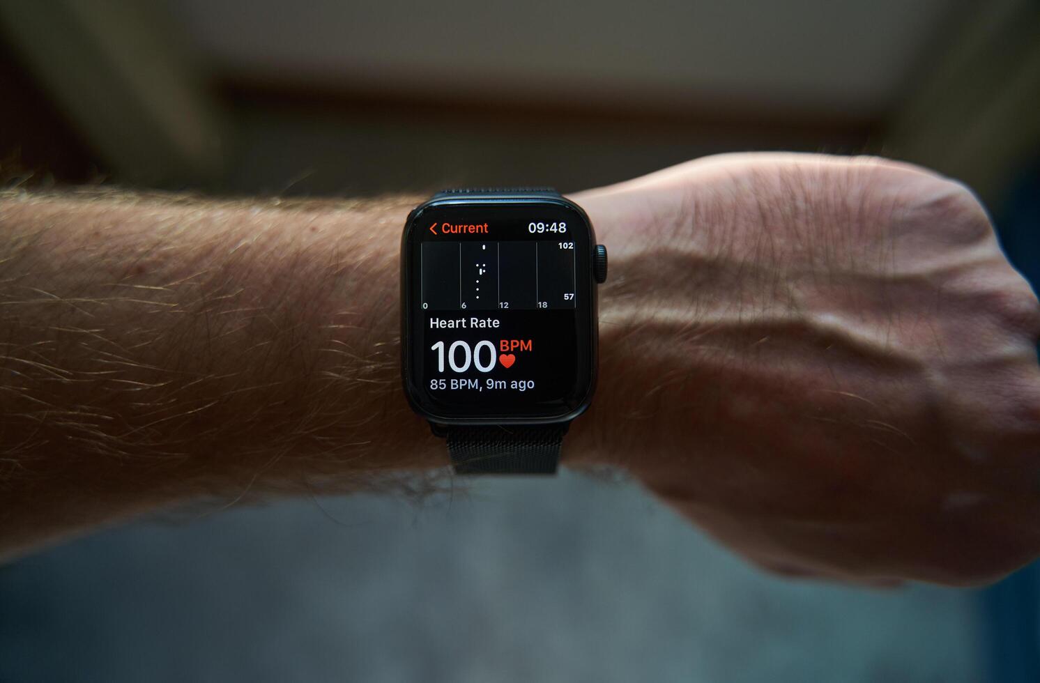 Belgrade, Serbia - 06.09.2022. A square smartwatch on a man's hand close up. Heart rate measurement on watch photo