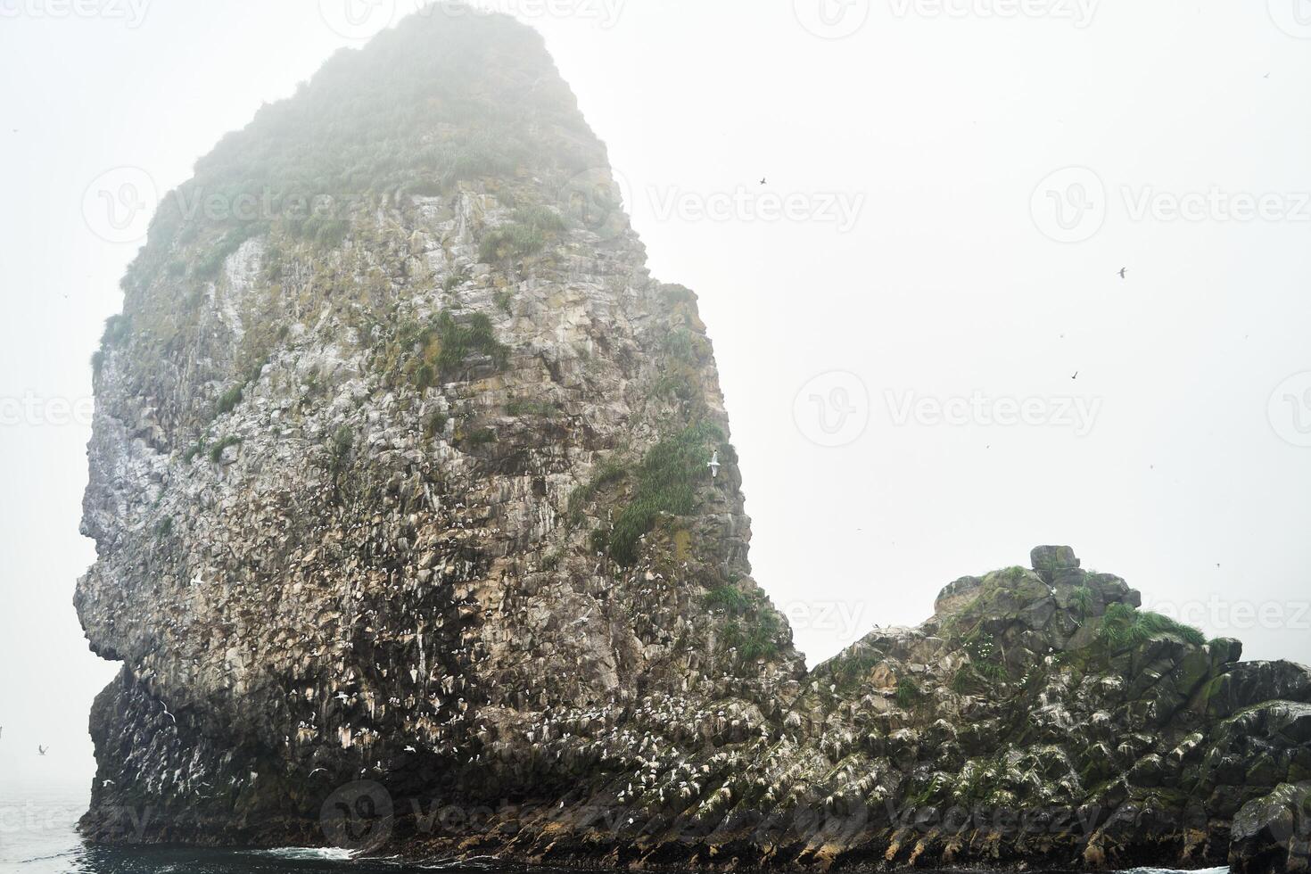 Buhta Russkaya, Kamchatka region. A breathtakingly beautiful misty mountain landscape featuring stunning coastal rock formations photo