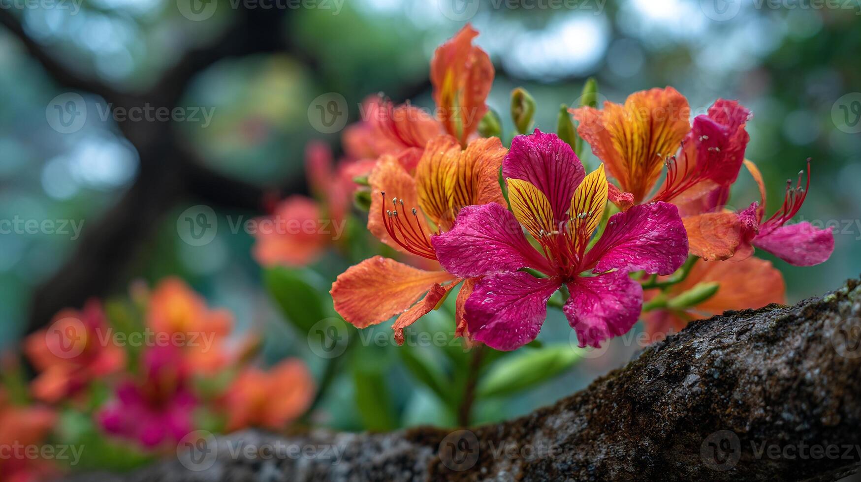 Vibrant Peacock Flowers Bloom in Lush Tropical Setting on a Branch photo