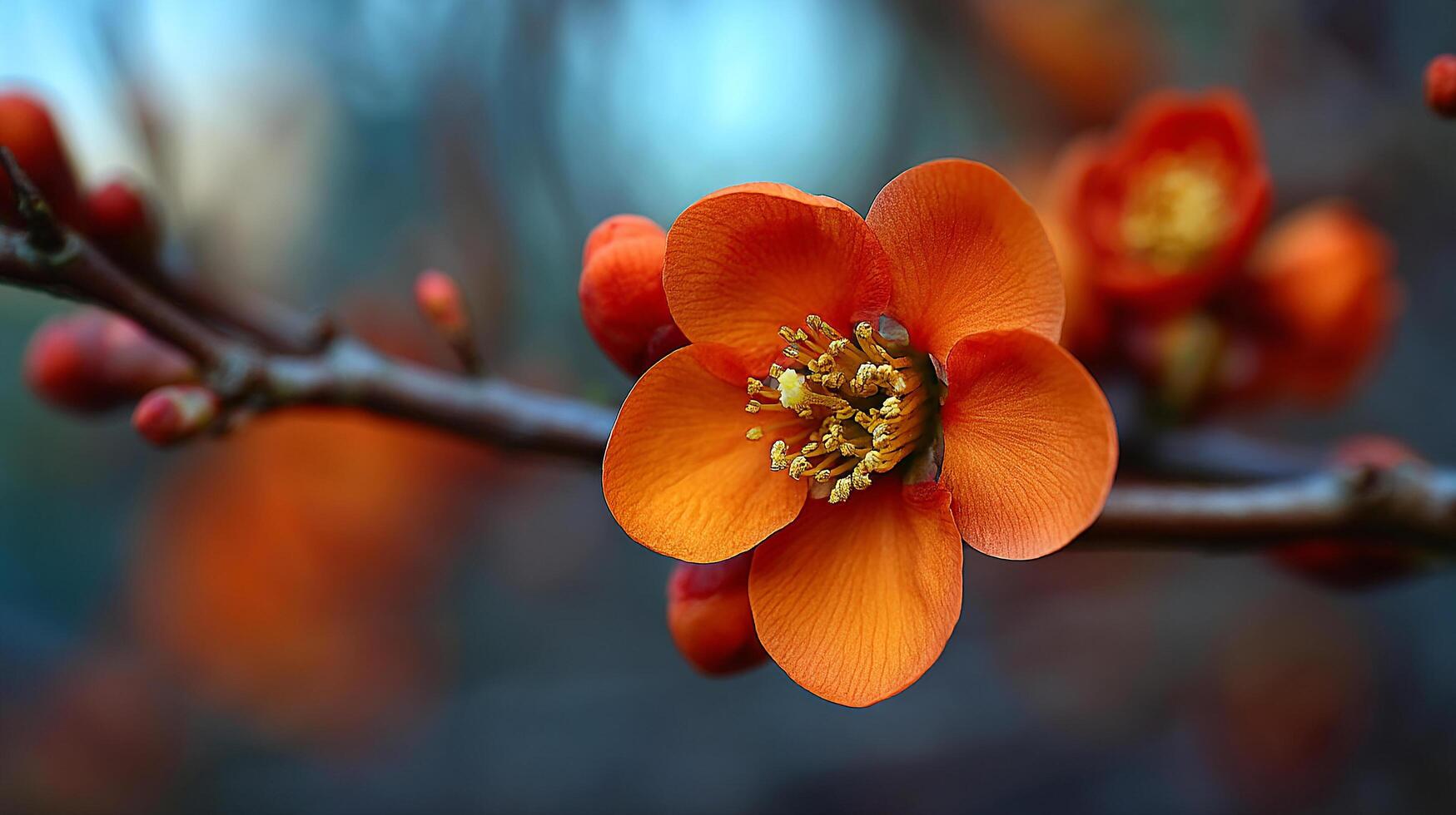 Vibrant Orange Quince Blossom in Soft Focus Detail on Branch photo