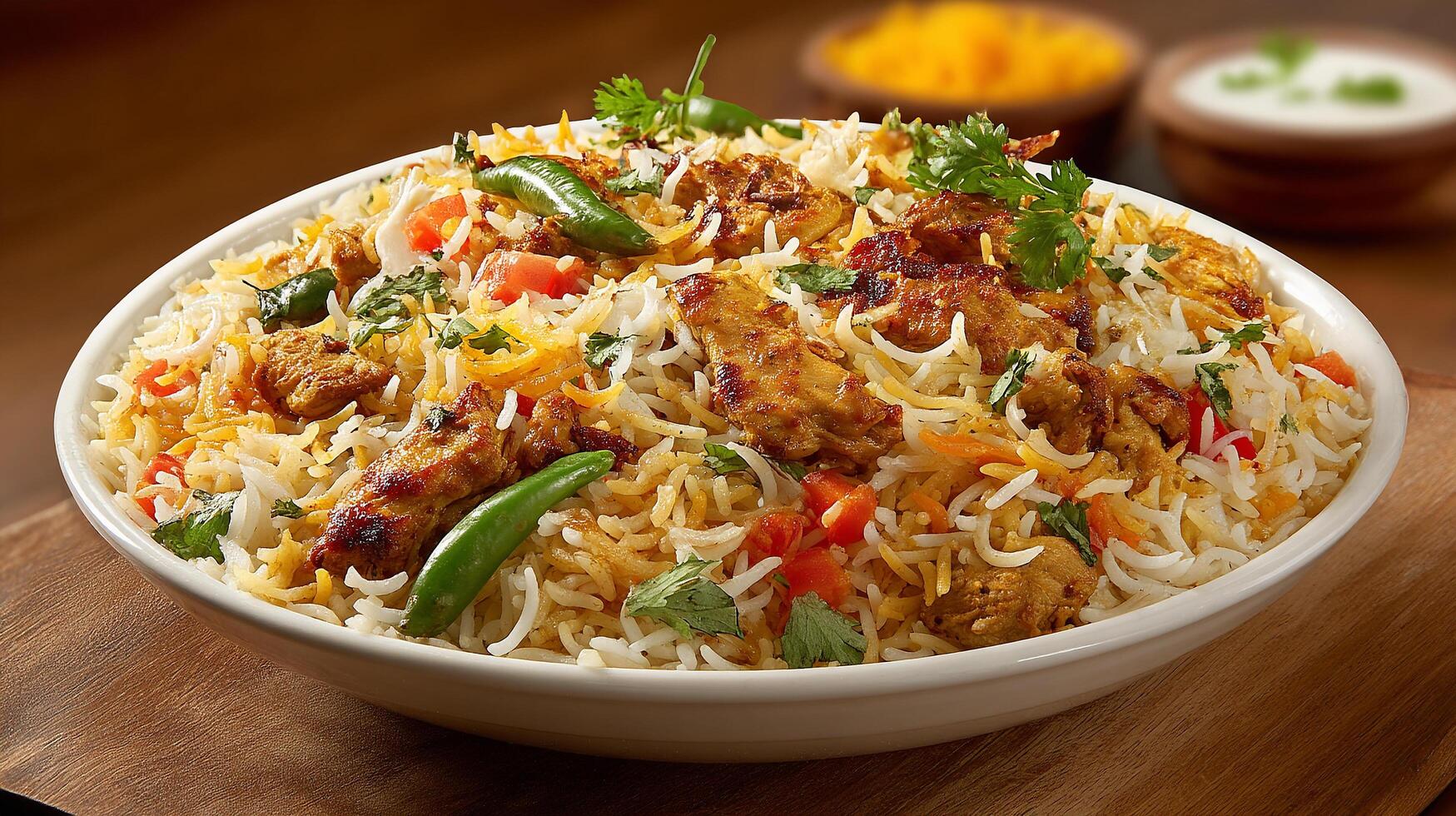 Biryani with chicken and herbs photo