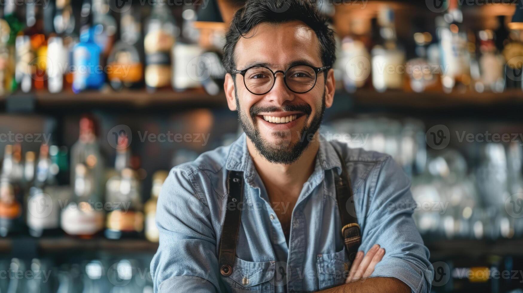 Cheerful European male bartender smiling in uniform behind bar counter, mixing drink with bottles and glasses in background. Professional atmosphere photo
