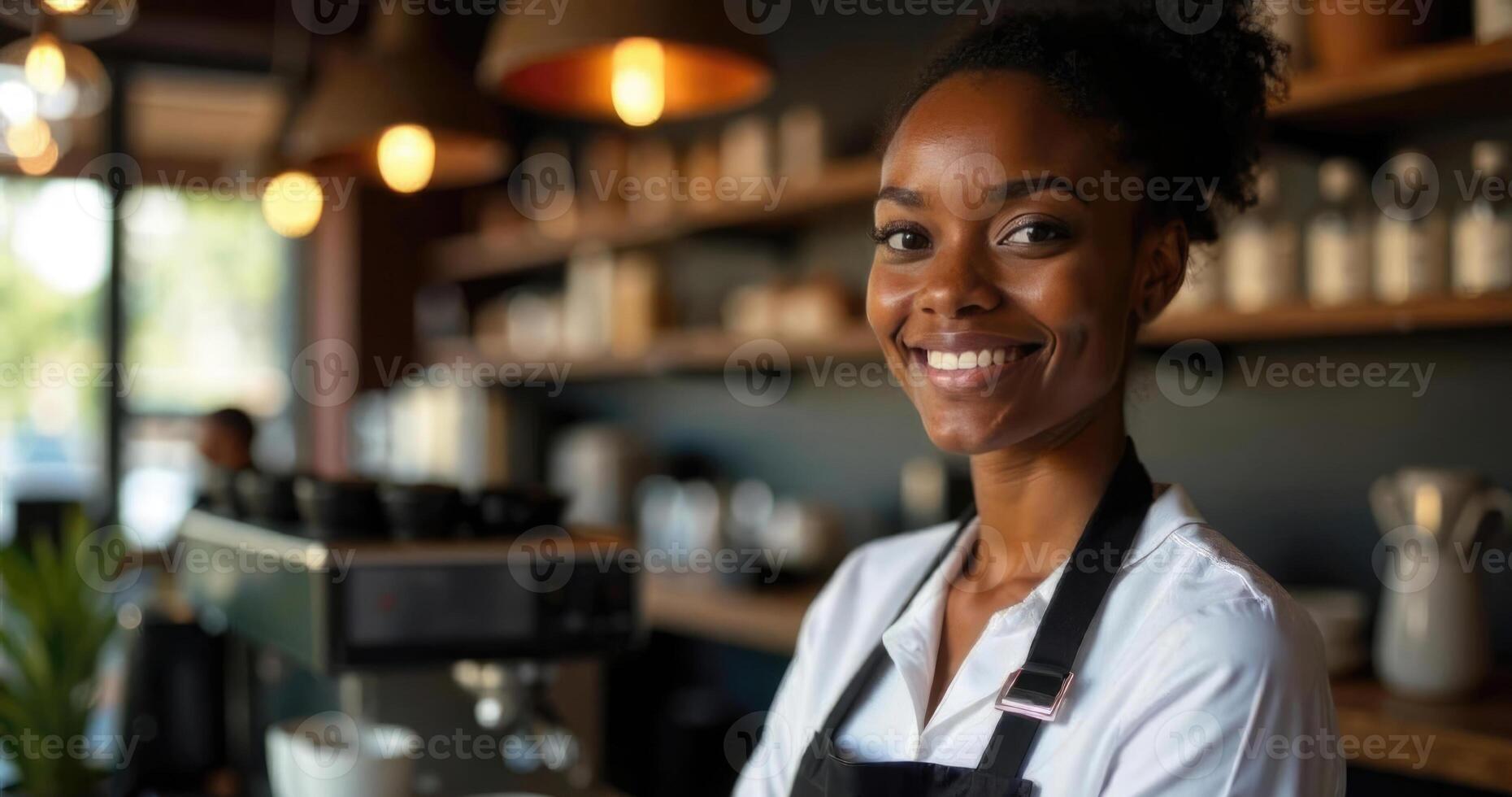 Friendly Black female coffee professional in uniform standing by espresso machine, warm smile while working in busy urban coffee shop photo