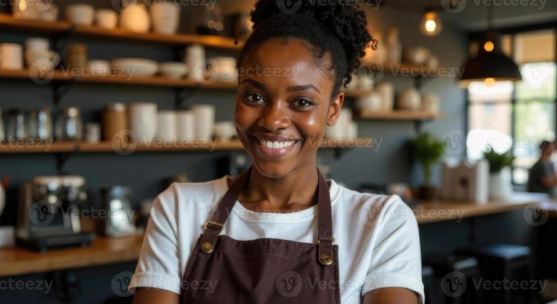 Professional Black woman barista in coffee shop apron laughing while making cappuccino, coffee beans and cups visible on counter behind her photo