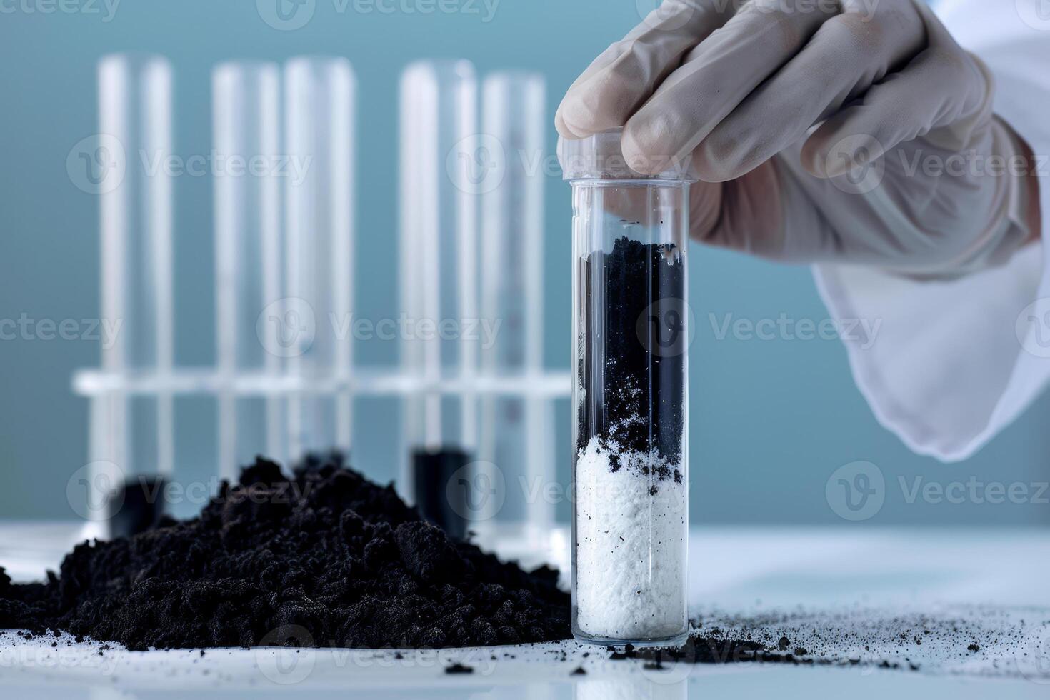 A scientist in a lab coat is carefully placing an air layer in a test tube as part of an experimental study on material properties photo