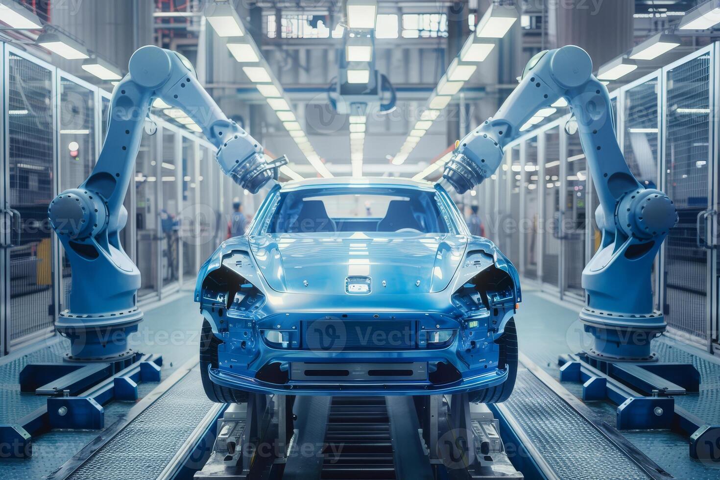 High-tech robotic arms work on assembling a blue car on an advanced production line in a modern automotive facility photo