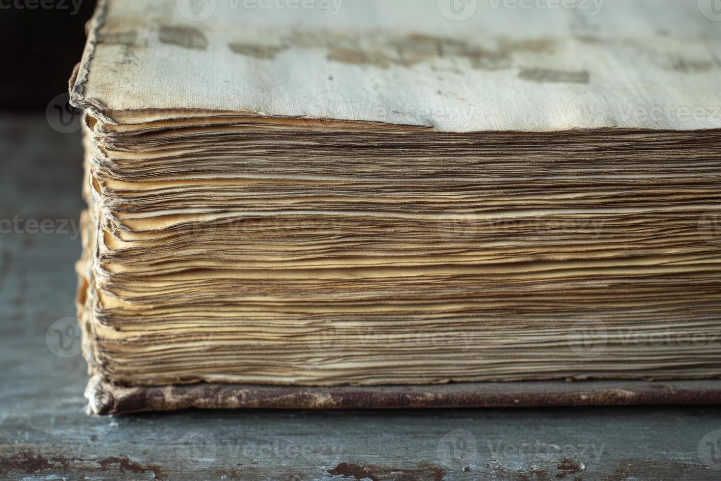 Closeup view reveals the delicate texture and age of open book pages, highlighting their intricate details and worn charm in a serene setting photo