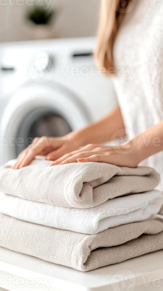 A woman is focused on folding freshly cleaned clothes in a neat and tidy laundry space, enjoying a productive moment photo