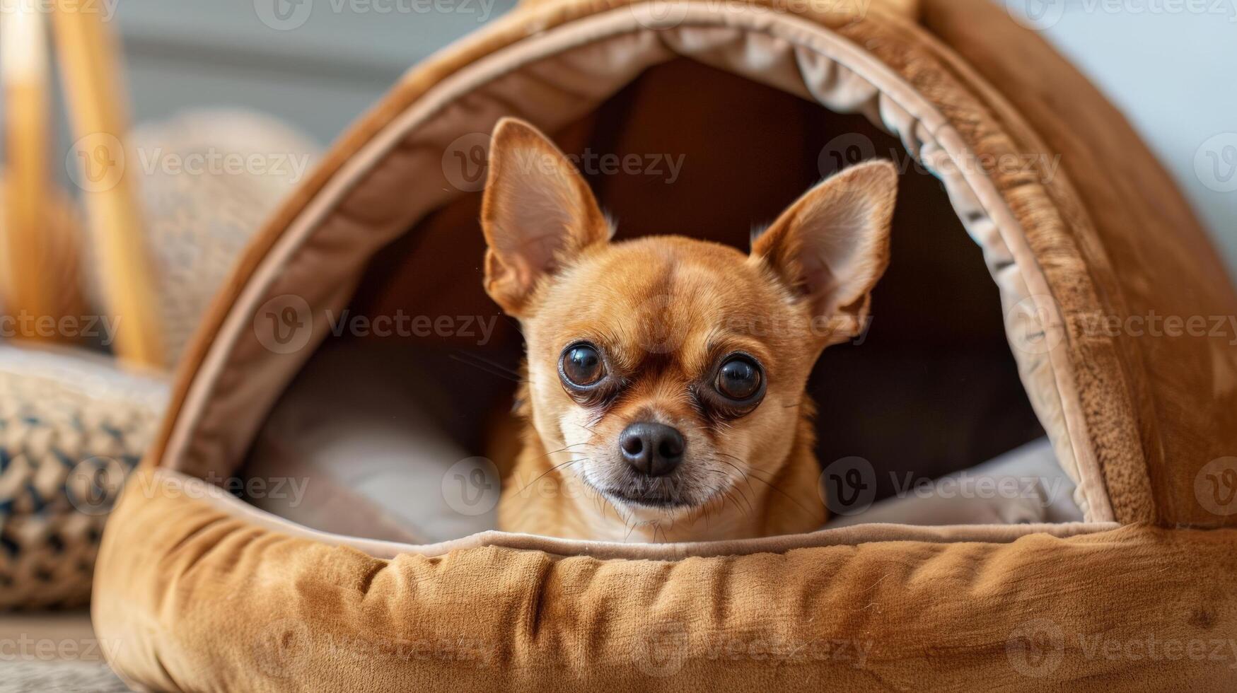 Soft enclosed cave-style bed offers a comfortable retreat for small dogs, ensuring warmth and security in a home setting photo