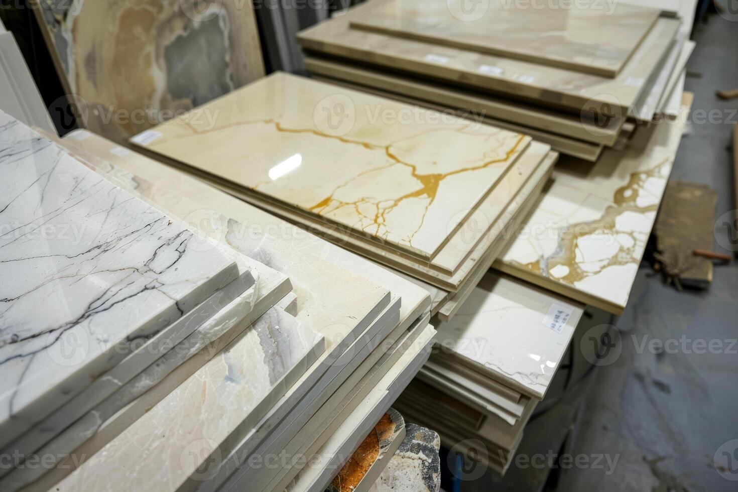 A collection of marble slabs featuring various colors and patterns stands stacked side by side in a store, ready for selection photo