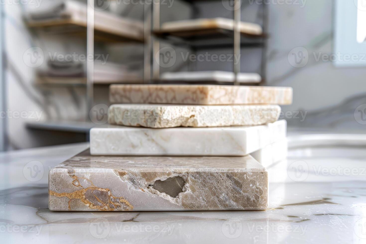 A collection of meticulously arranged marble slabs in different colors and patterns sits on a polished surface, enhancing the contemporary decor photo