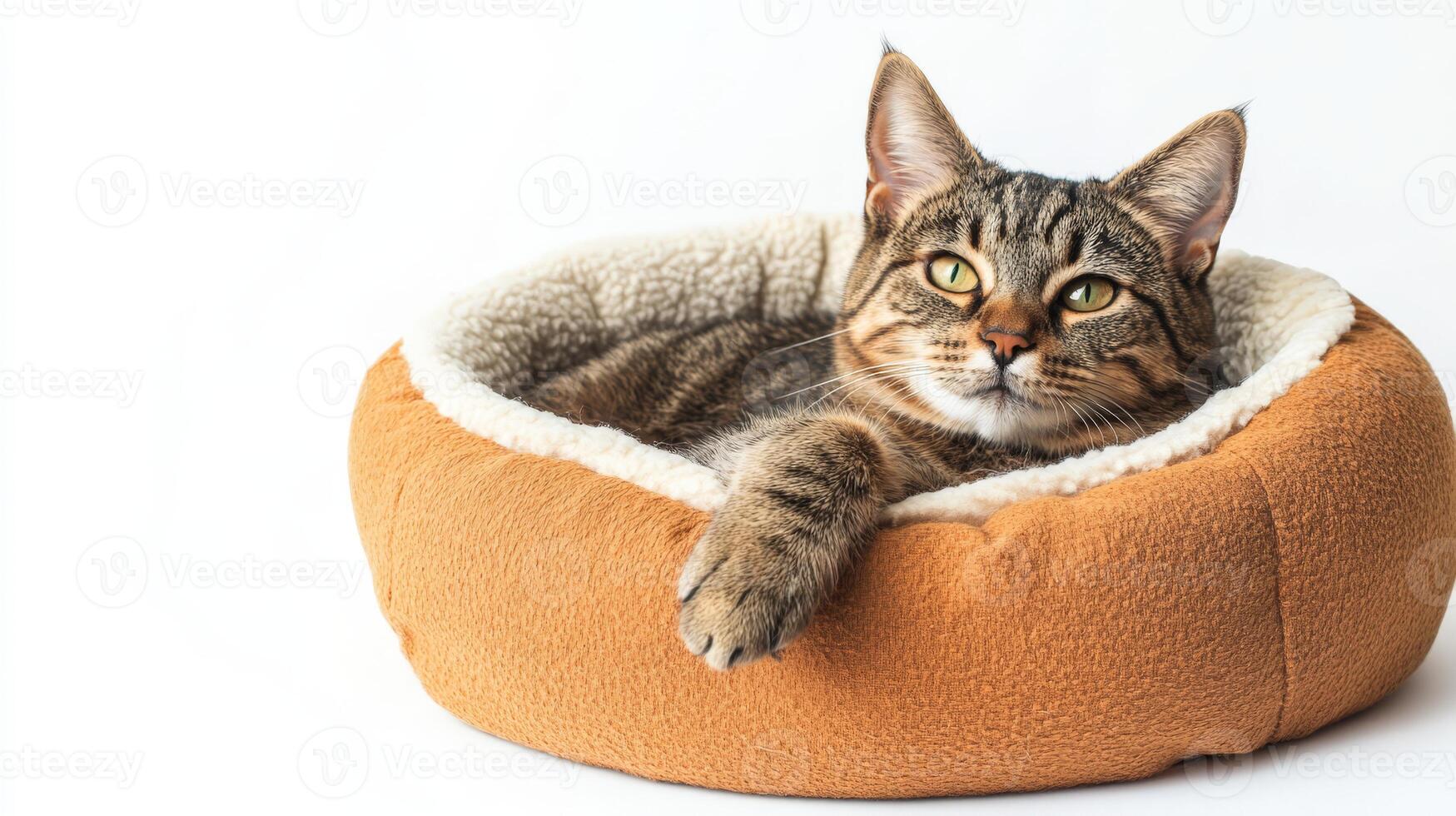 A relaxed cat reclines in a comfortable round pet bed made of soft materials, set against a clean white backdrop perfect for custom designs photo