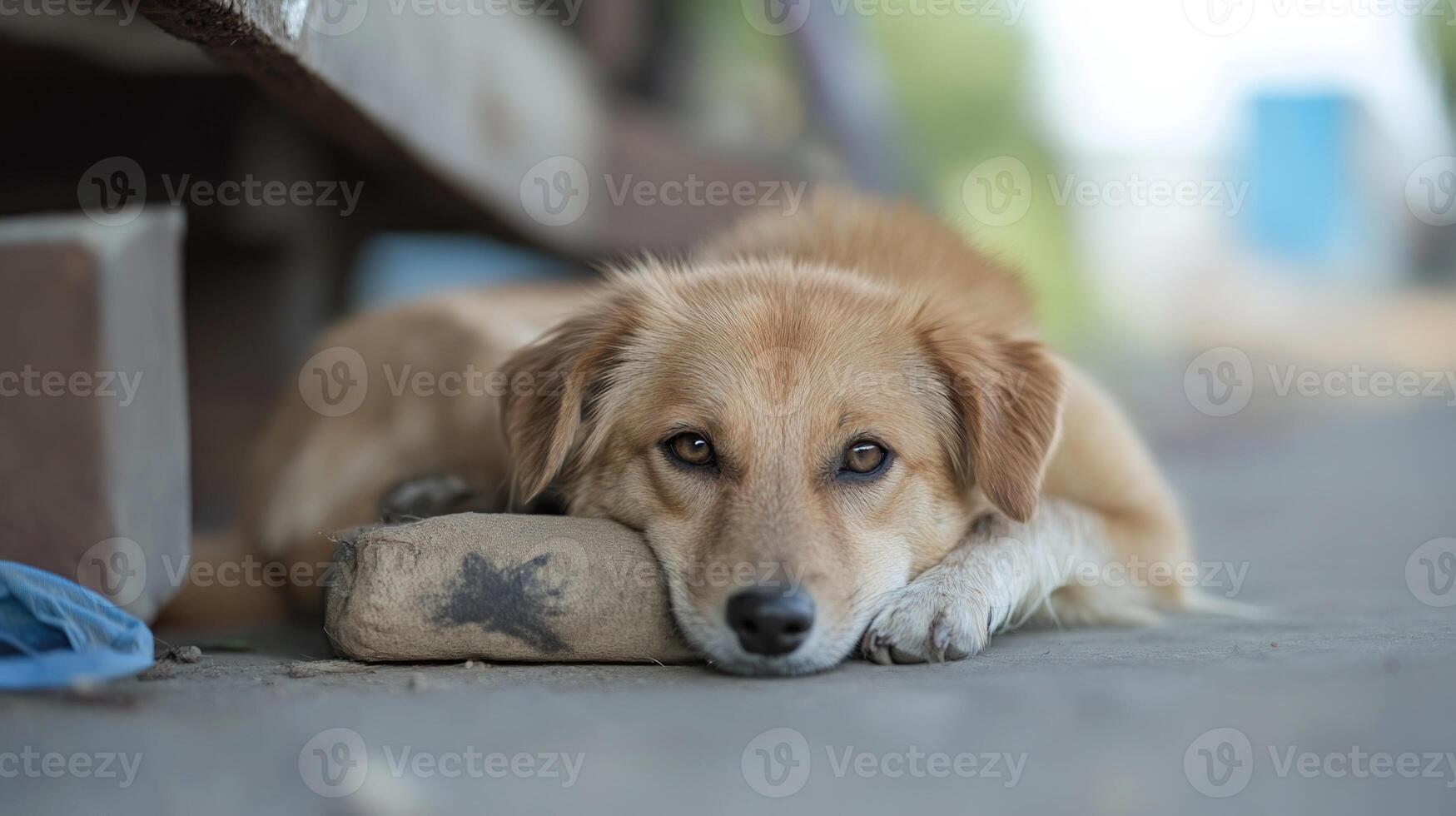 A dog laying on the ground with a bag photo