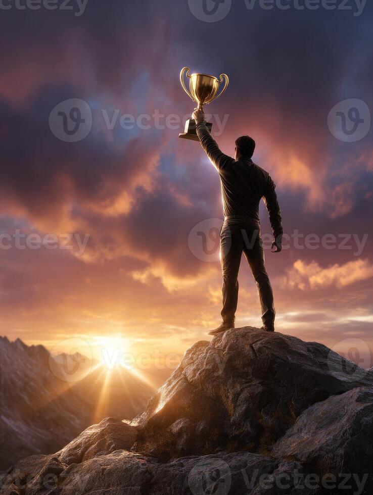 Businessman holding trophy cup on top of mountain at sunset photo