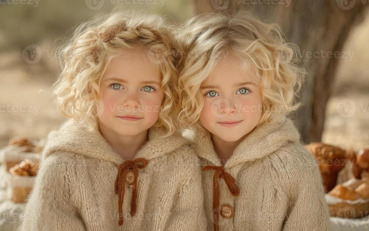 Two little girls wearing sweaters and posing for the camera photo
