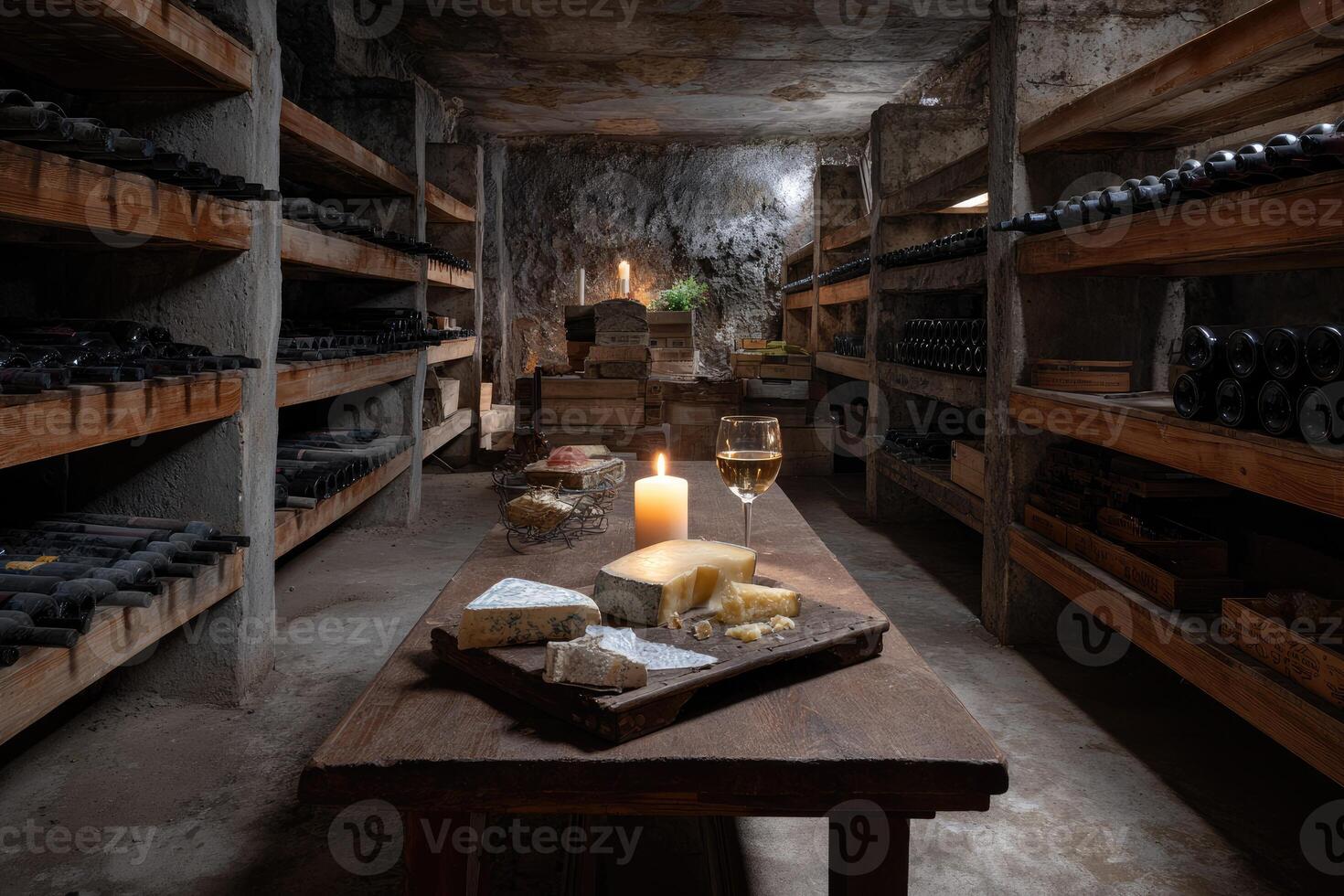 A wine cellar with many bottles and cheese photo