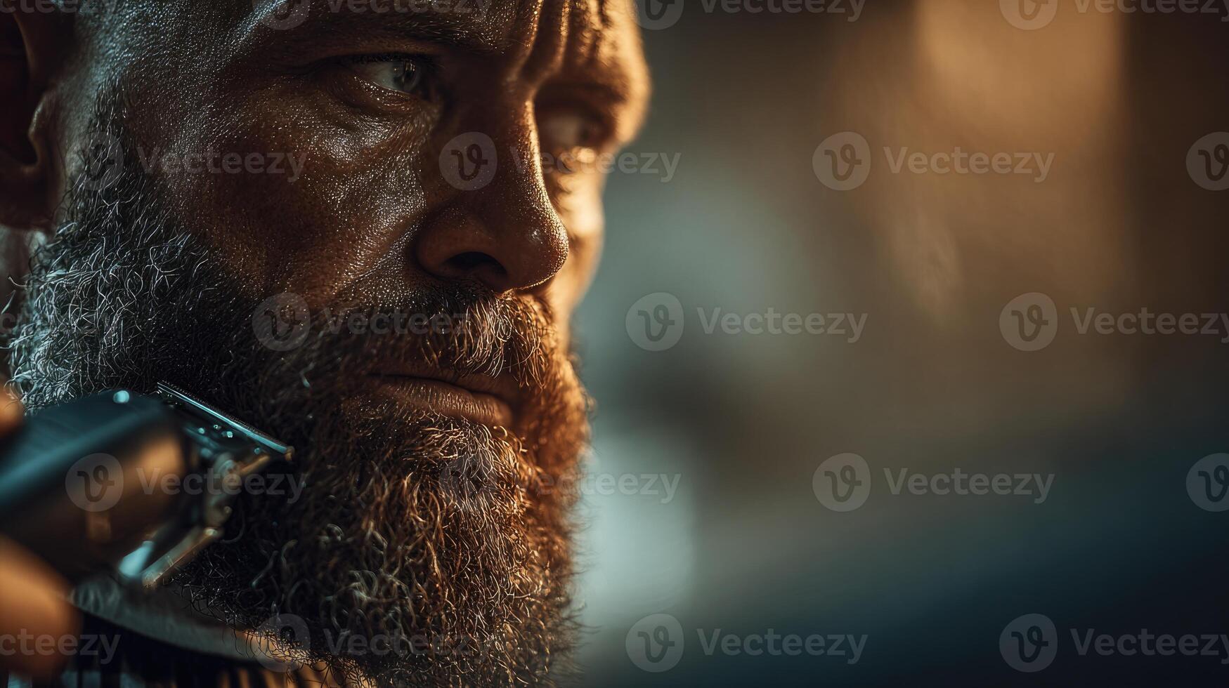 A man with a beard and a beard is cutting his hair photo