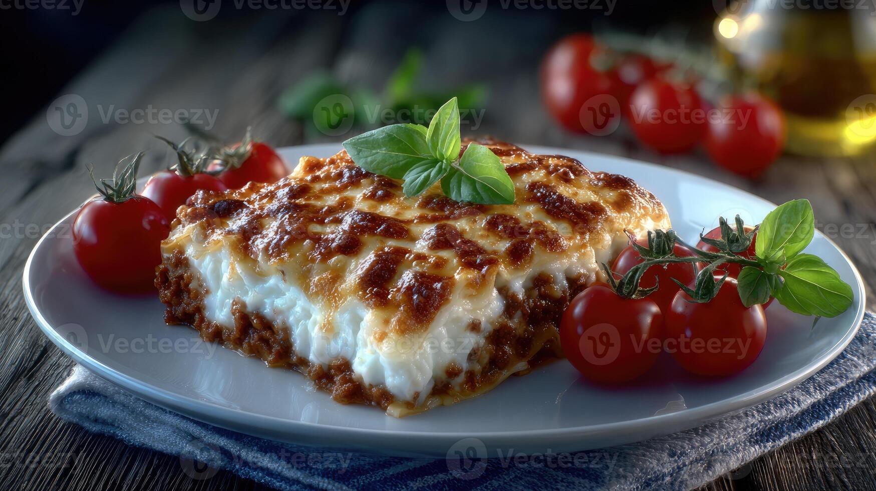A piece of lasagna on a plate with tomatoes photo