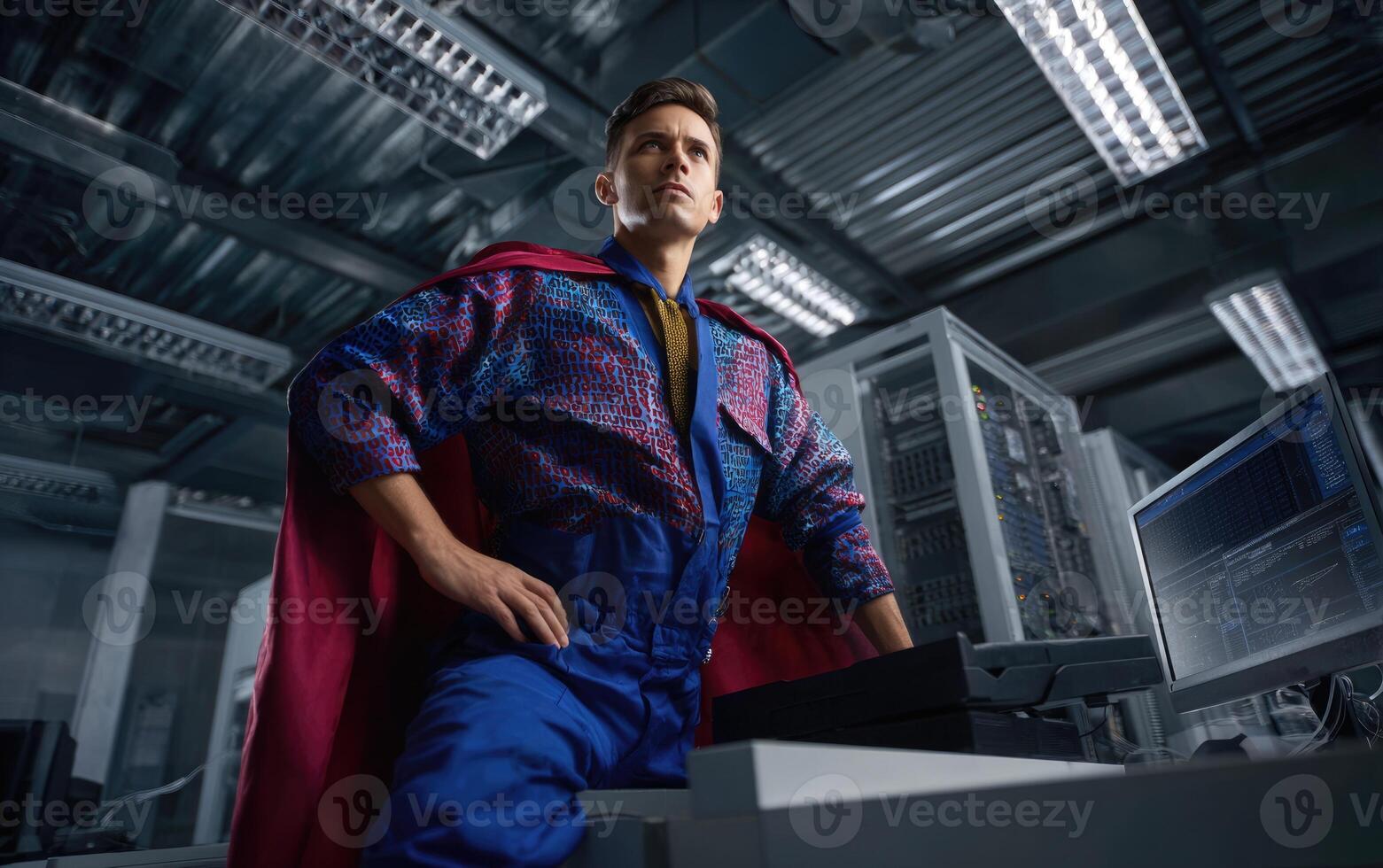 A man in a superhero costume standing in front of computer equipment photo
