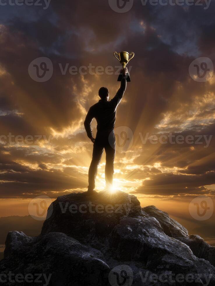 Person holding trophy at sunset photo