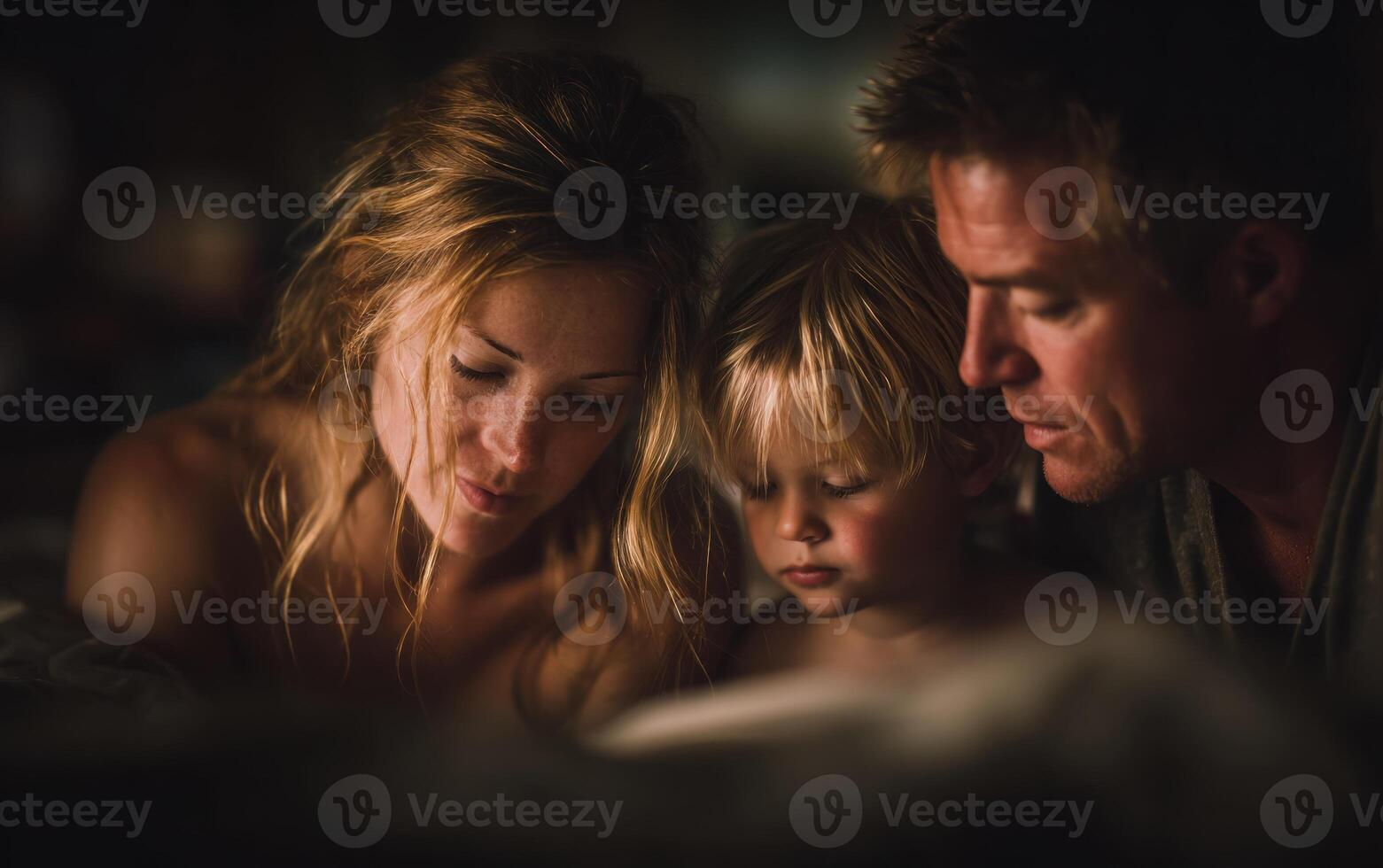 A man and woman with a child laying in bed photo