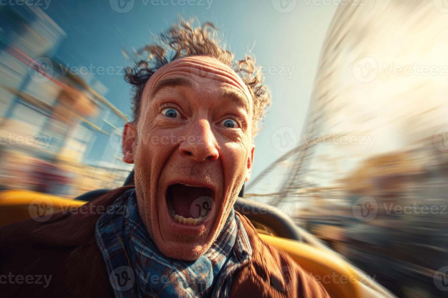 A man is on a roller coaster with his mouth open photo
