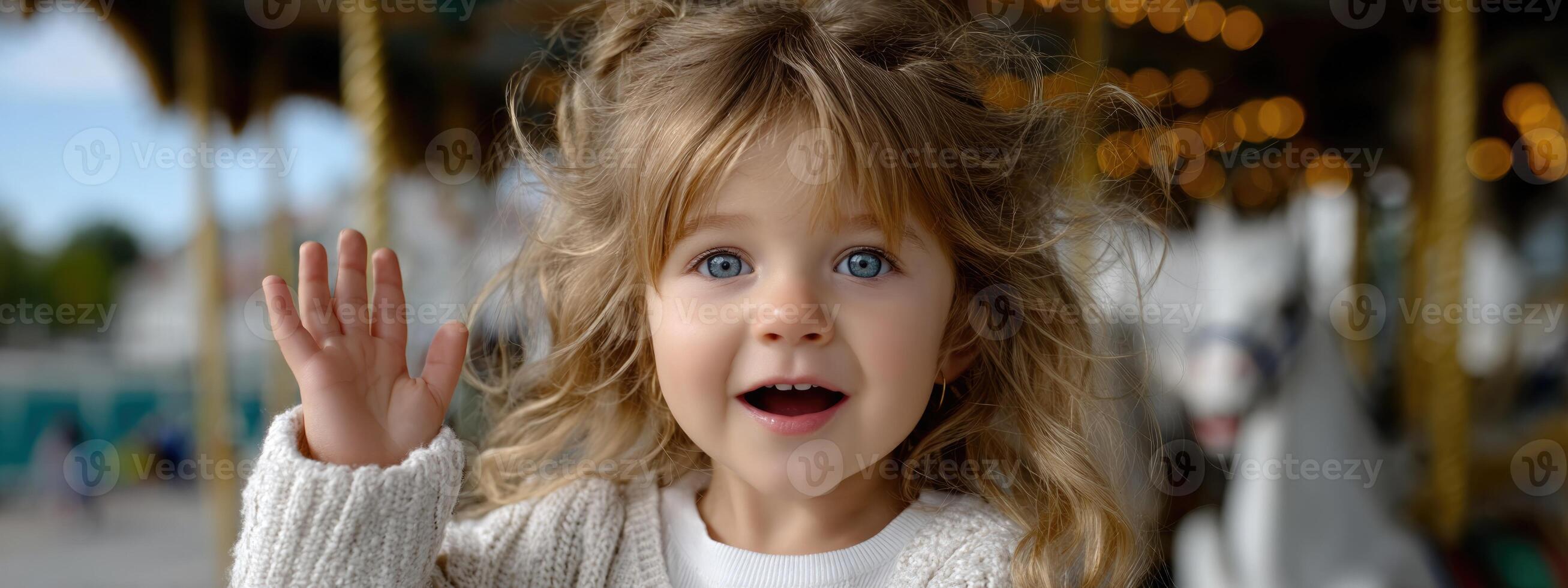 A little girl is waving at the camera photo