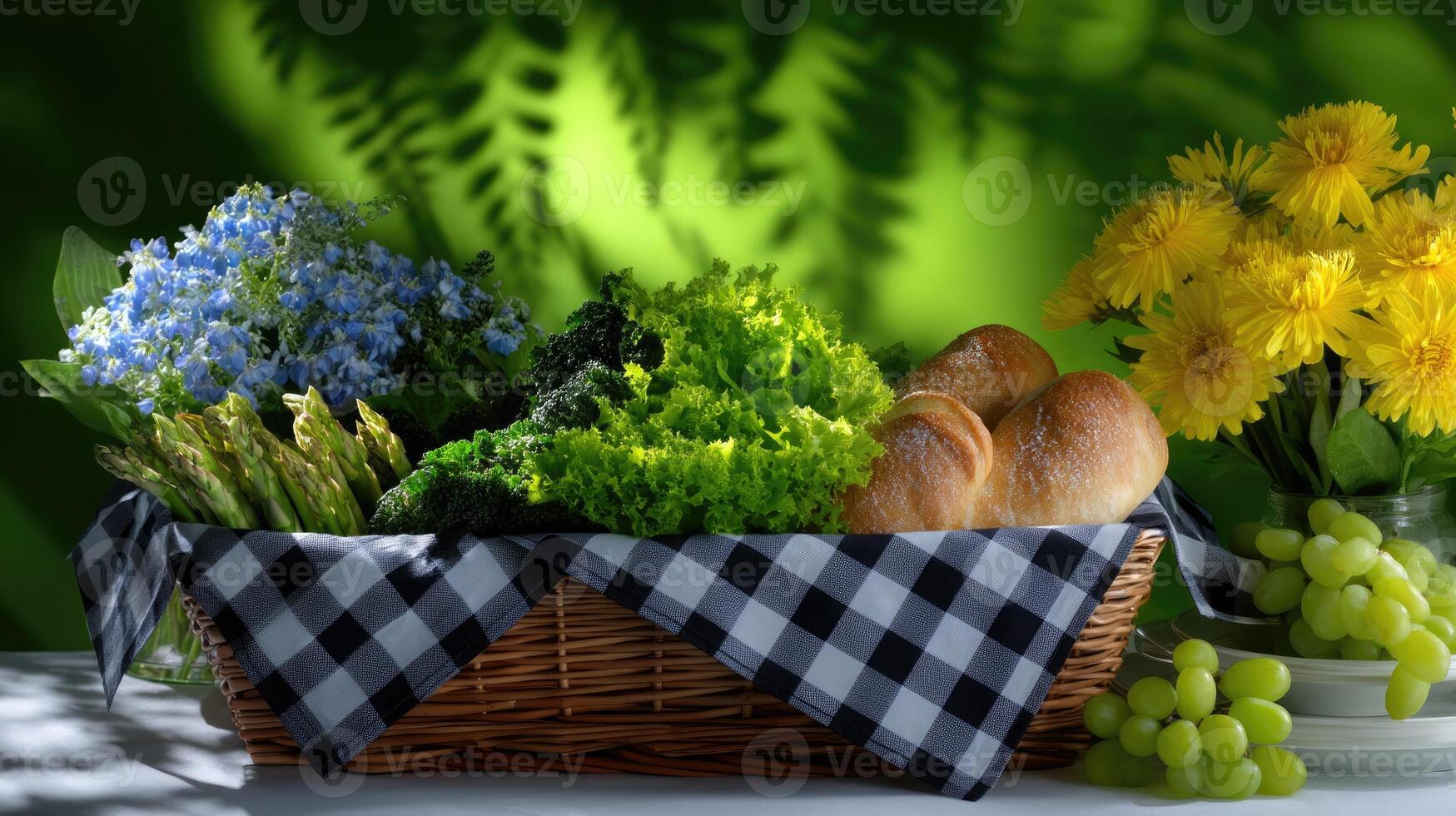A basket with bread, grapes, and flowers on a table photo