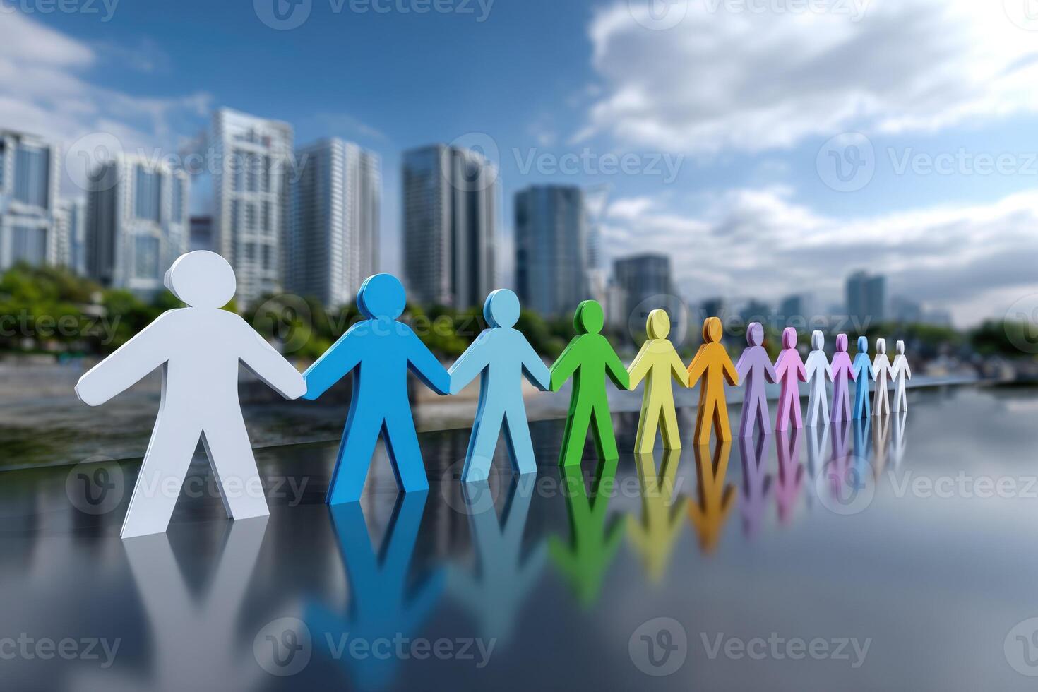 A group of people holding hands in front of a city skyline photo