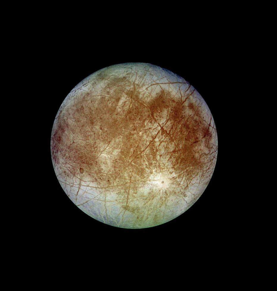 Detailed view of Europa, Jupiter's enigmatic icy moon, showcasing its fractured surface in deep space. photo