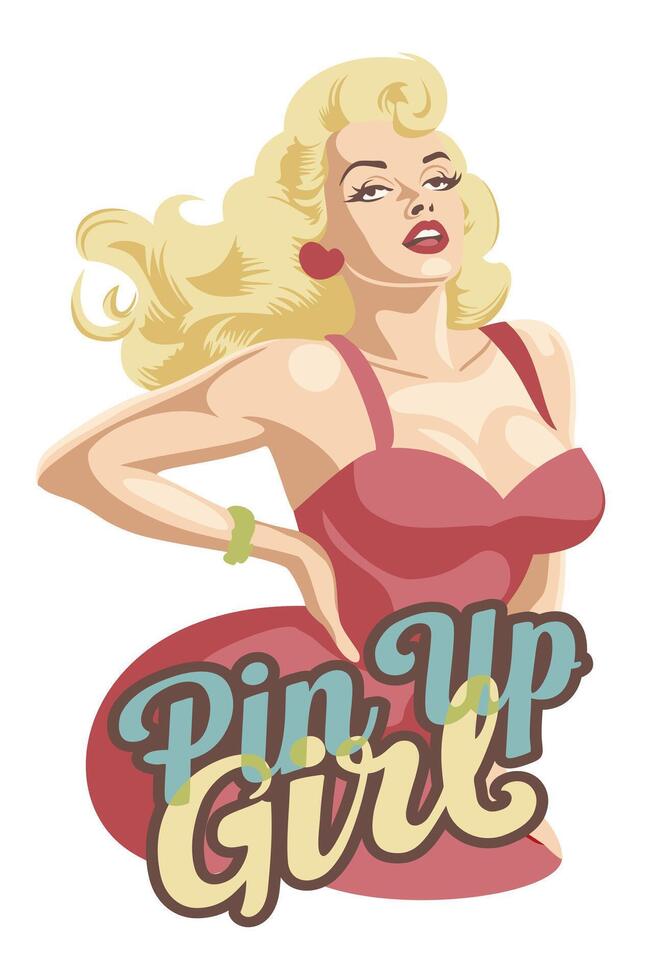 Pin Up girl. Vintage illustration with lettering isolated on white background vector