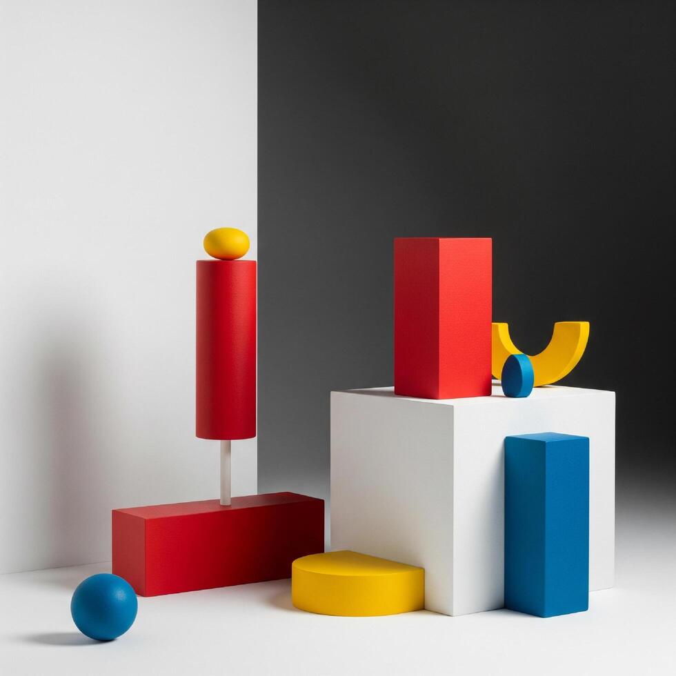 A vibrant abstract composition featuring various colorful geometric shapes balanced on a split background. photo