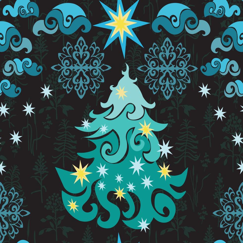 A magical festive pattern stylized Christmas trees, stars and swirling clouds. Ideal for holiday textiles, wrapping paper, and cozy winter projects. vector