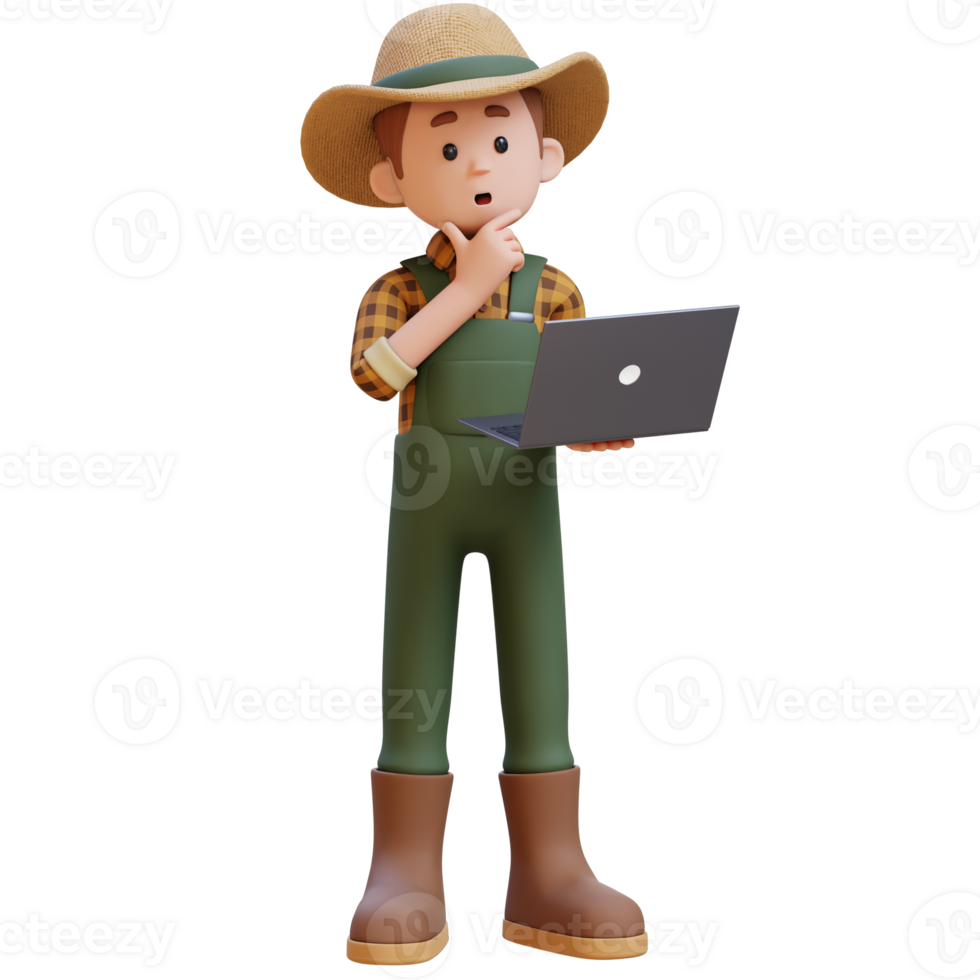3D farmer character thinking and working on a laptop. png