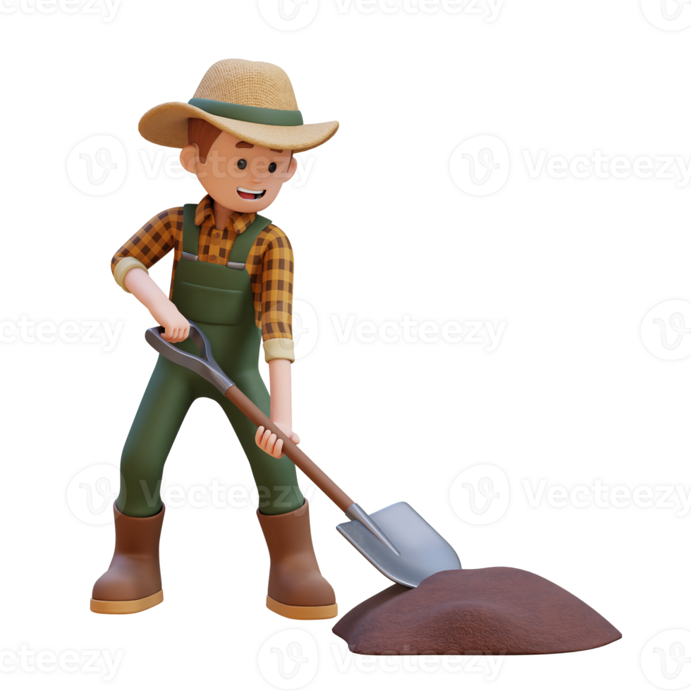3D farmer character working with a shovel png