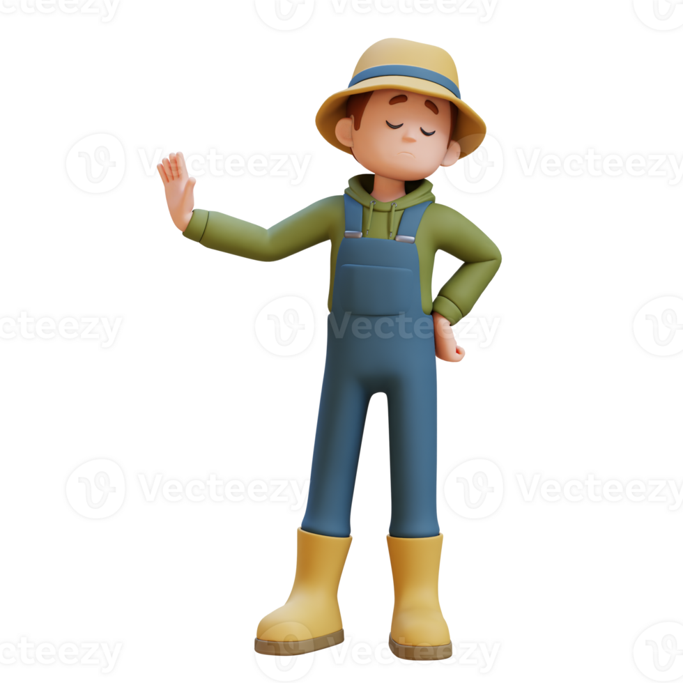 3D young farmer character giving refuse and negative rejection gesture png